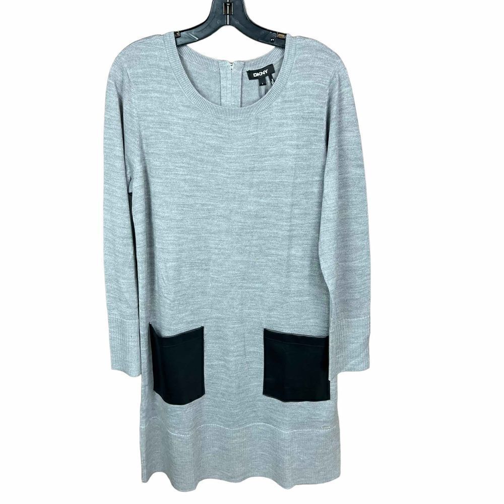 DKNY Dress Tunic Sweater Crew Neck Grey Black Faux Leather Pockets Zipper Large
